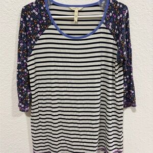 Matilda Jane Black and White Striped Top with Floral Sleeves